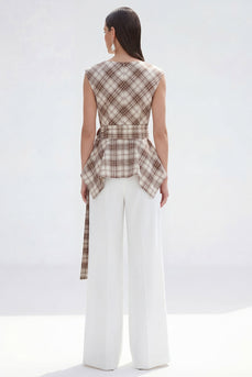 2 Piece Bateau Neck Brown Grid Wide Leg Women Business Suits with Belt