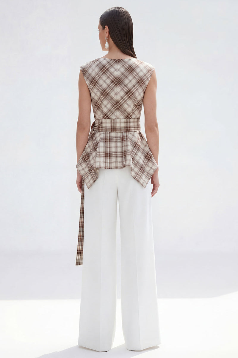 Load image into Gallery viewer, 2 Piece Bateau Neck Brown Grid Wide Leg Women Business Suits with Belt