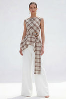 Load image into Gallery viewer, 2 Piece Bateau Neck Brown Grid Wide Leg Women Business Suits with Belt