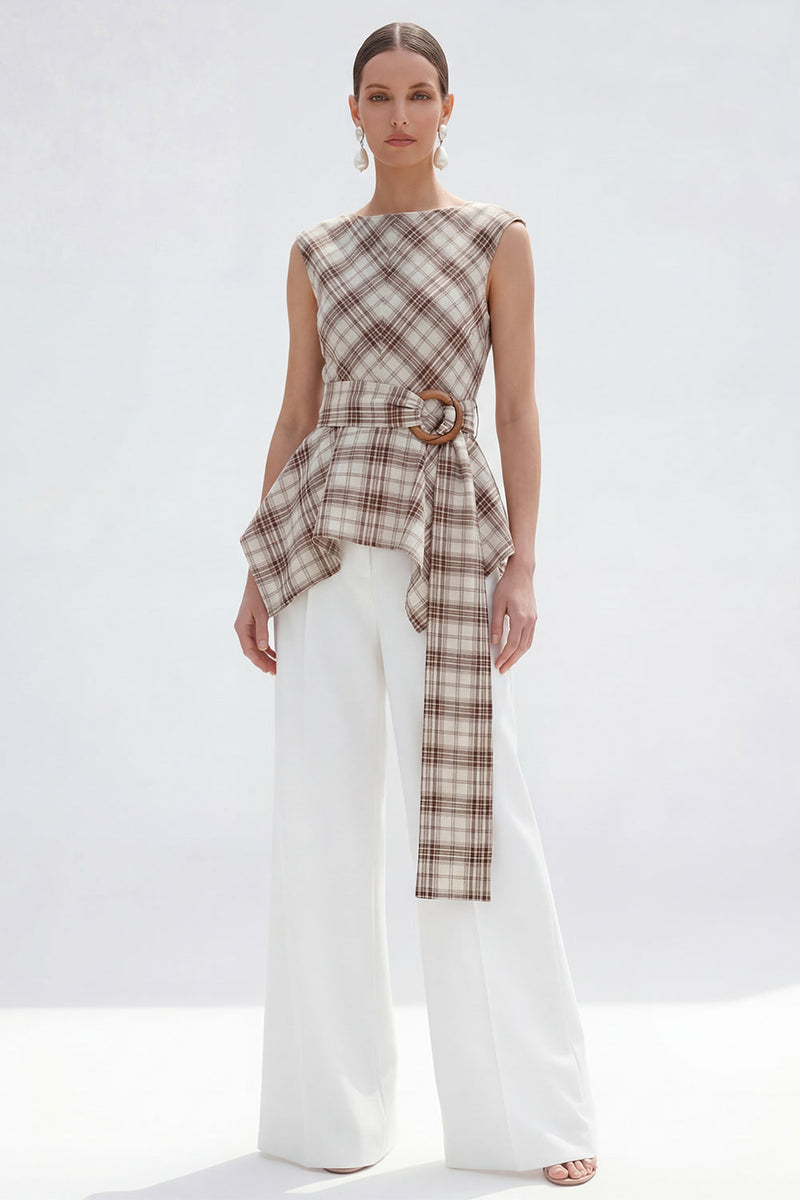 Load image into Gallery viewer, 2 Piece Bateau Neck Brown Grid Wide Leg Women Business Suits with Belt