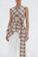 Load image into Gallery viewer, 2 Piece Bateau Neck Brown Grid Wide Leg Women Business Suits with Belt