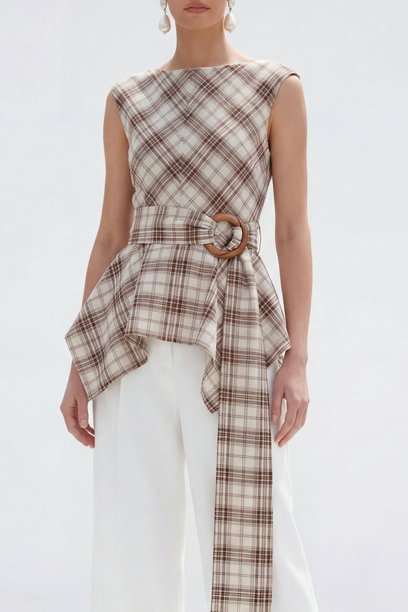 Load image into Gallery viewer, 2 Piece Bateau Neck Brown Grid Wide Leg Women Business Suits with Belt