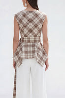 Load image into Gallery viewer, 2 Piece Bateau Neck Brown Grid Wide Leg Women Business Suits with Belt