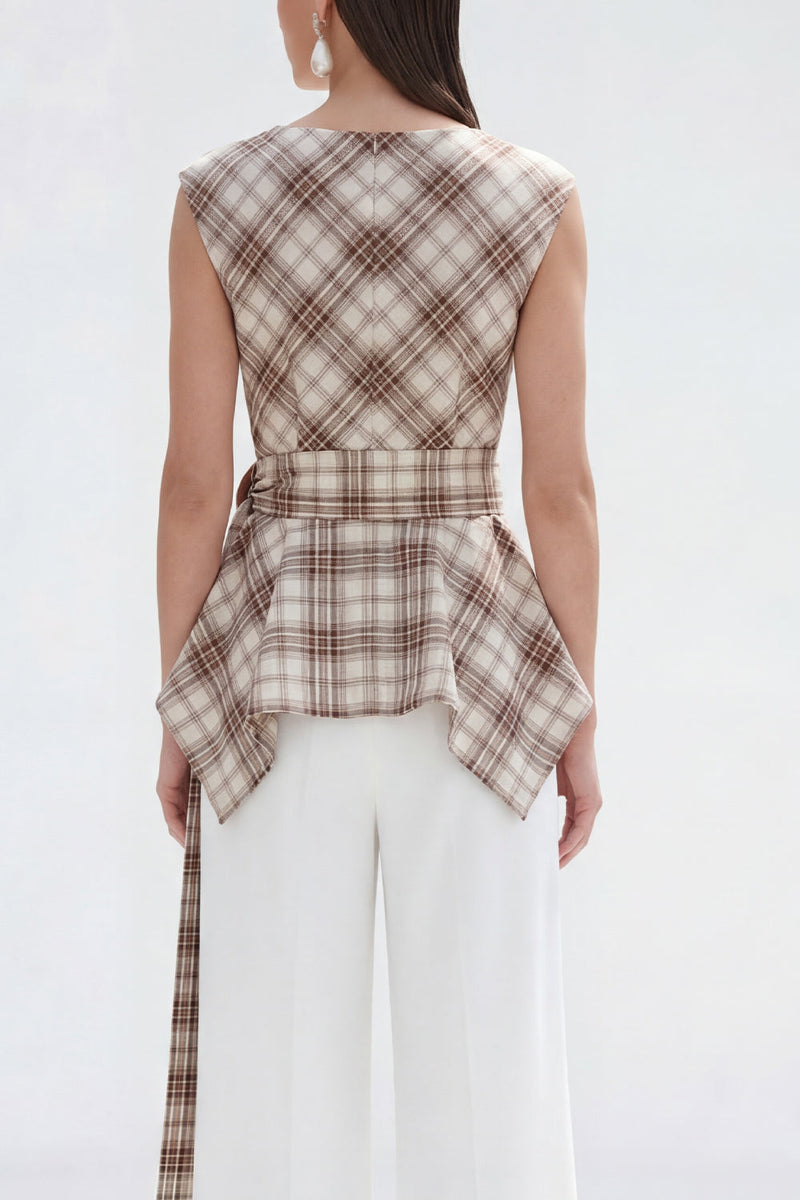 Load image into Gallery viewer, 2 Piece Bateau Neck Brown Grid Wide Leg Women Business Suits with Belt