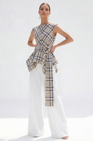 Load image into Gallery viewer, 2 Piece Bateau Neck Brown Grid Wide Leg Women Business Suits with Belt