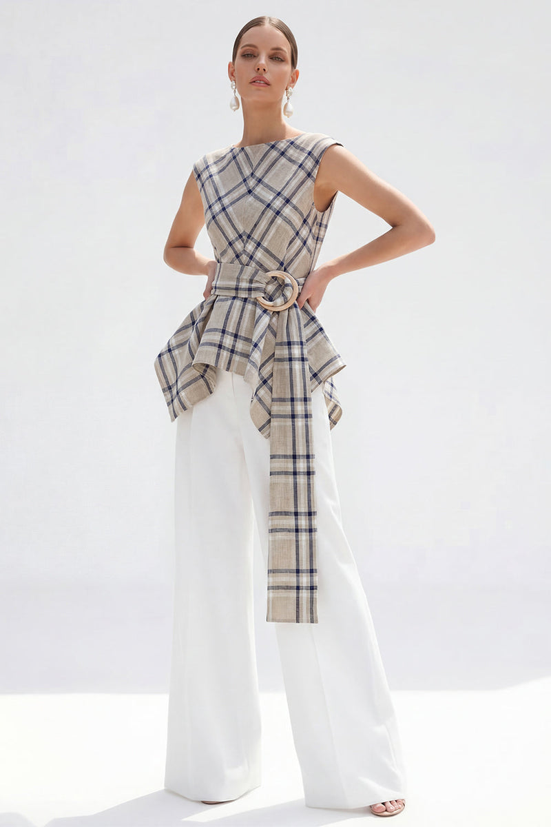 Load image into Gallery viewer, 2 Piece Bateau Neck Brown Grid Wide Leg Women Business Suits with Belt