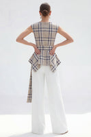 Load image into Gallery viewer, 2 Piece Bateau Neck Brown Grid Wide Leg Women Business Suits with Belt