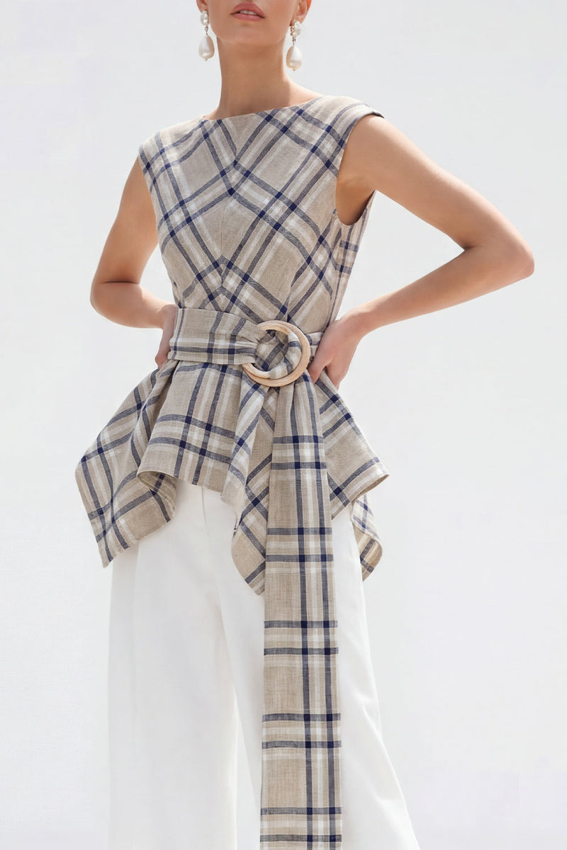Load image into Gallery viewer, 2 Piece Bateau Neck Brown Grid Wide Leg Women Business Suits with Belt