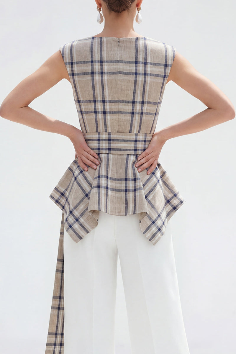 Load image into Gallery viewer, 2 Piece Bateau Neck Brown Grid Wide Leg Women Business Suits with Belt
