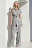 Load image into Gallery viewer, Short Sleeves Grey Single Breasted 2 Piece Wide Leg Women Business Suits with Belt