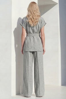 Short Sleeves Grey Single Breasted 2 Piece Wide Leg Women Business Suits with Belt