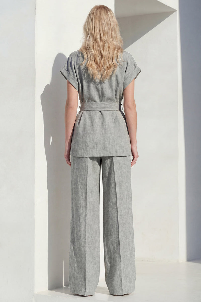 Load image into Gallery viewer, Short Sleeves Grey Single Breasted 2 Piece Wide Leg Women Business Suits with Belt