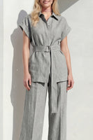 Load image into Gallery viewer, Short Sleeves Grey Single Breasted 2 Piece Wide Leg Women Business Suits with Belt