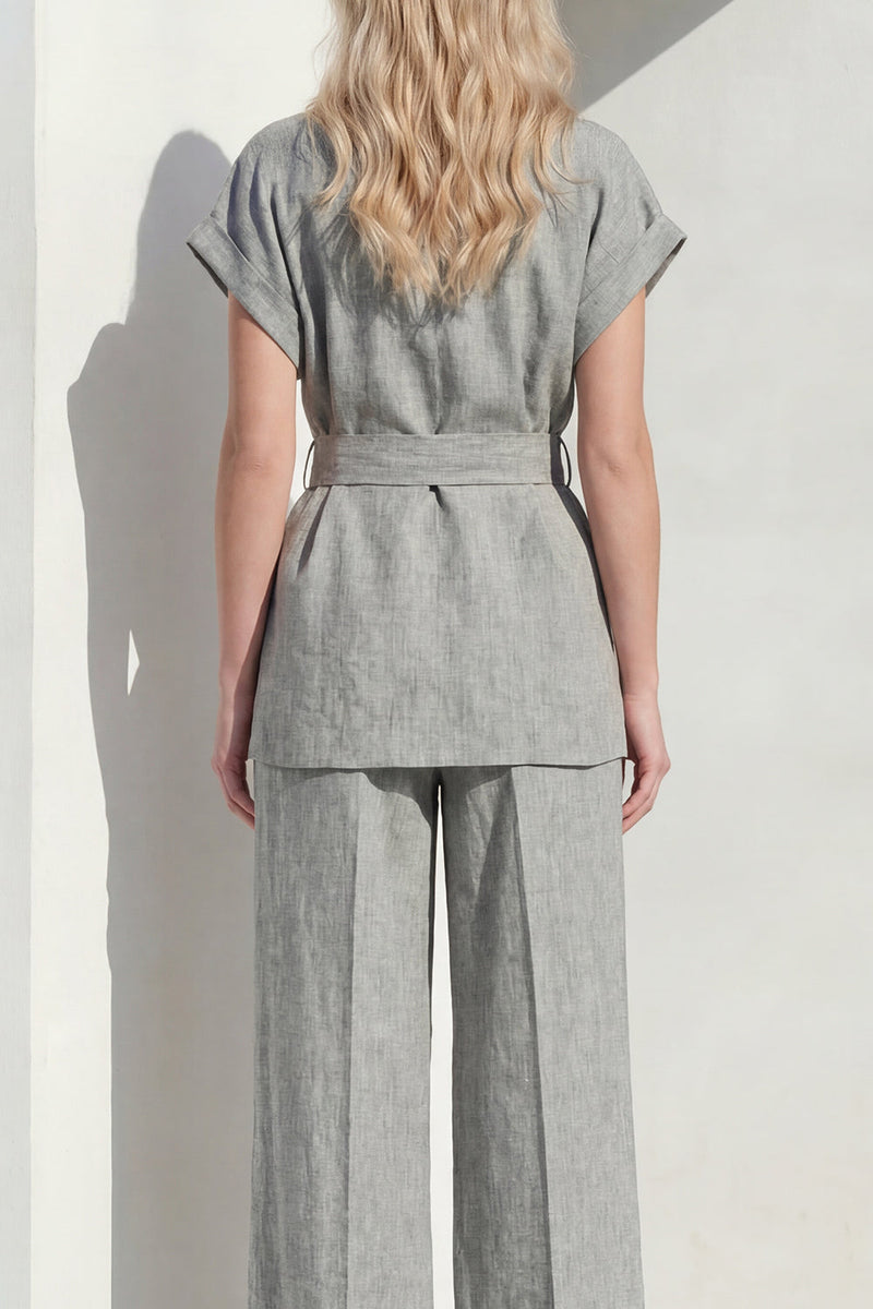 Load image into Gallery viewer, Short Sleeves Grey Single Breasted 2 Piece Wide Leg Women Business Suits with Belt