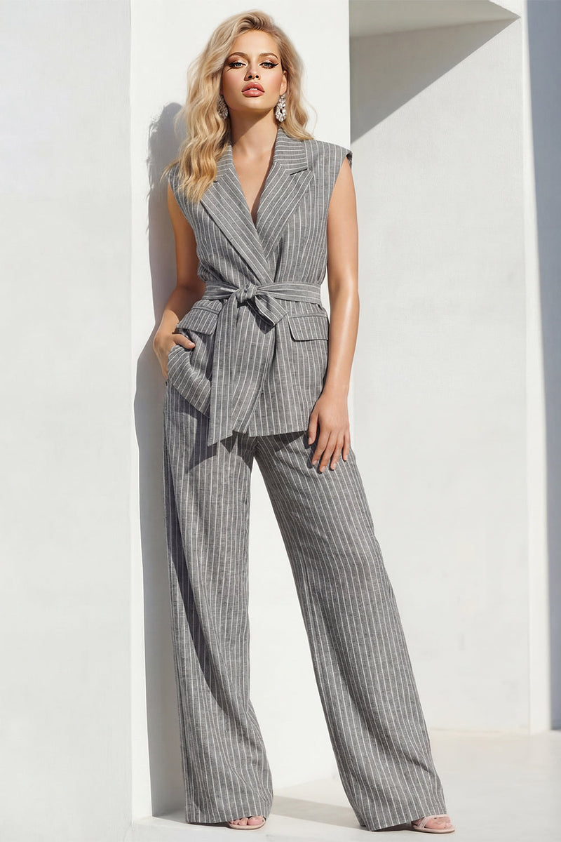 Load image into Gallery viewer, Peak Lapel Grey 2 Piece Wide Leg Striped Women Business Suits with Pockets