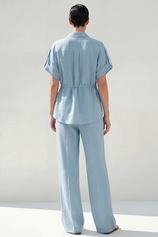 Blue Short Sleeves Single Breasted 2 Piece Business Suits with Pockets