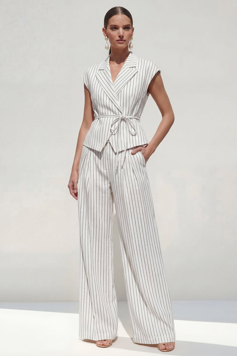 Load image into Gallery viewer, White Cap Sleeves Notched Lapel 2 Piece Striped Business Suits with Pockets
