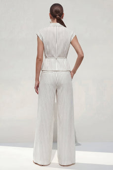 White Cap Sleeves Notched Lapel 2 Piece Striped Business Suits with Pockets