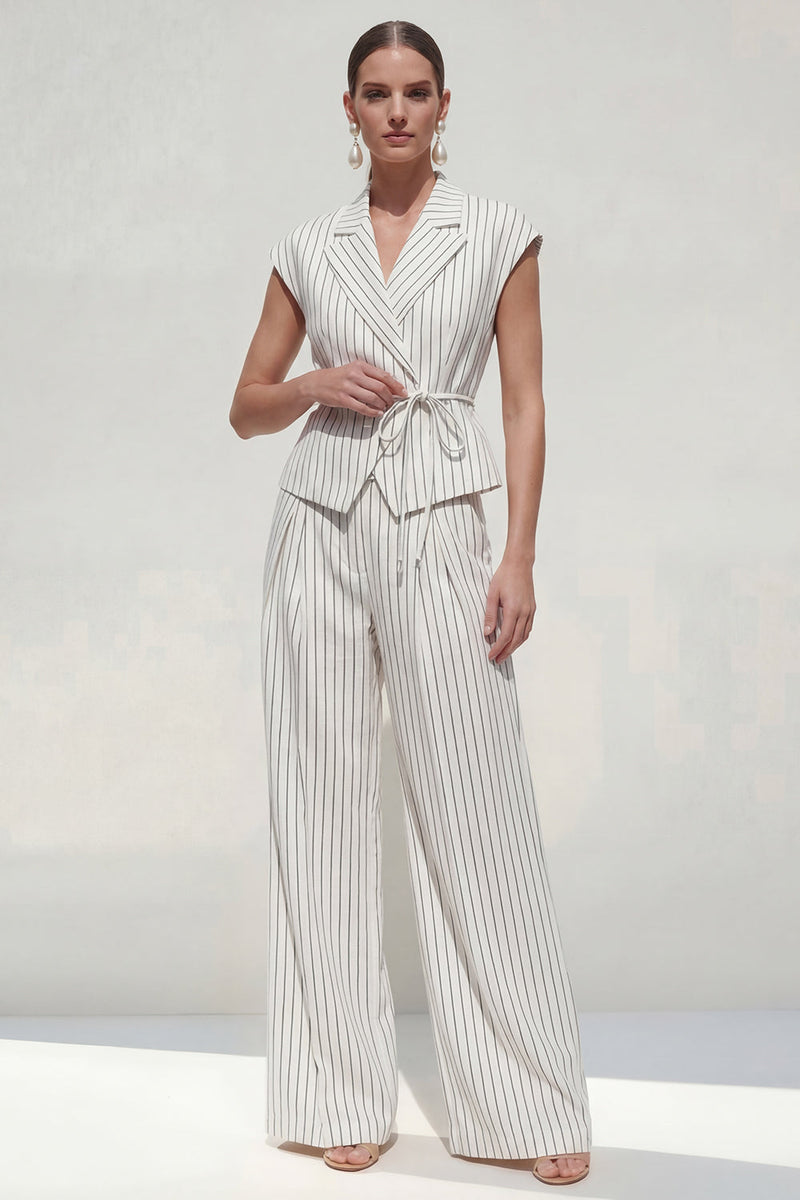 Load image into Gallery viewer, White Cap Sleeves Notched Lapel 2 Piece Striped Business Suits with Pockets
