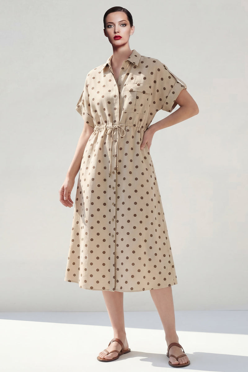 Load image into Gallery viewer, Khaki Polka Dots Single Breasted Short Sleeves Work Dress