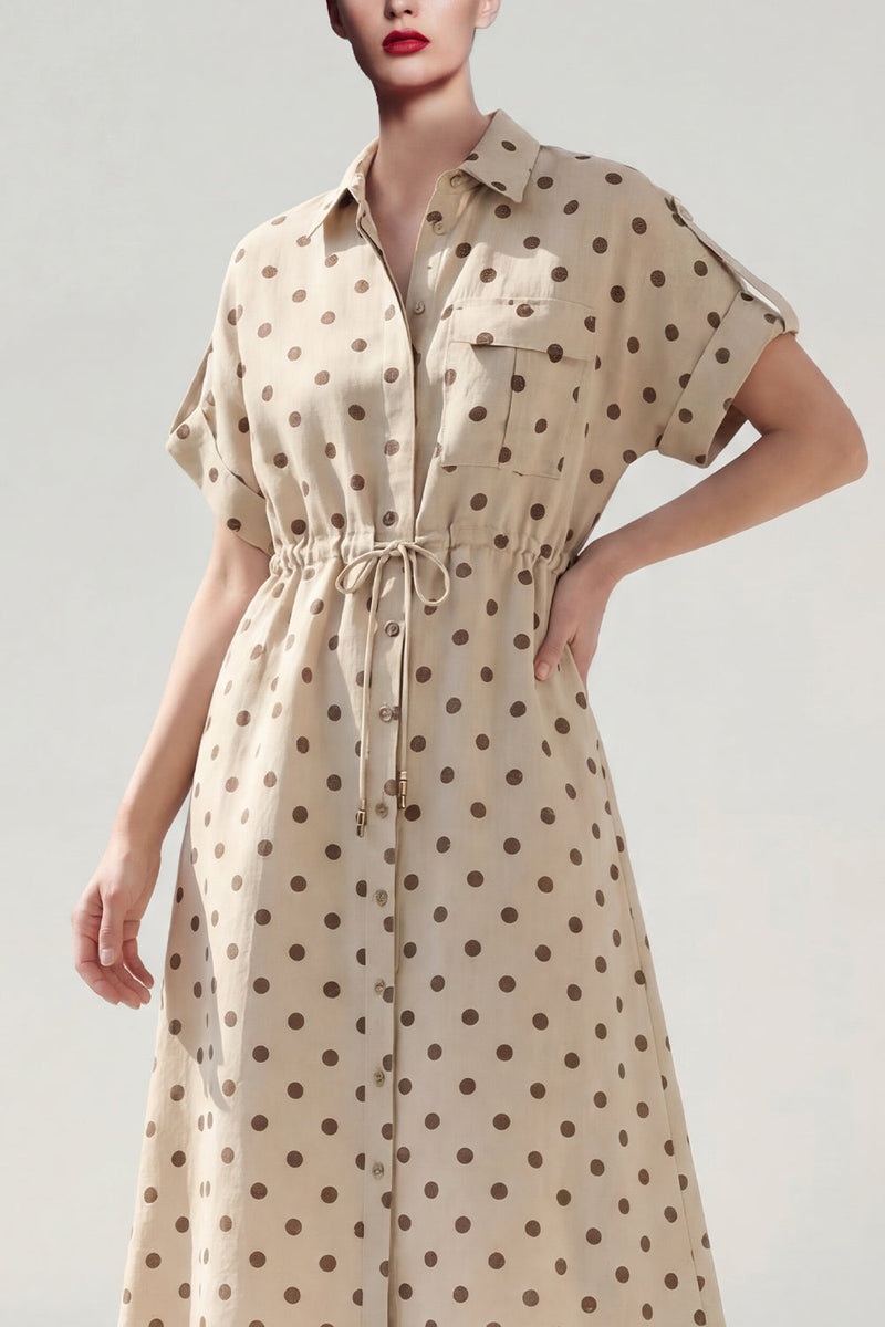 Load image into Gallery viewer, Khaki Polka Dots Single Breasted Short Sleeves Work Dress