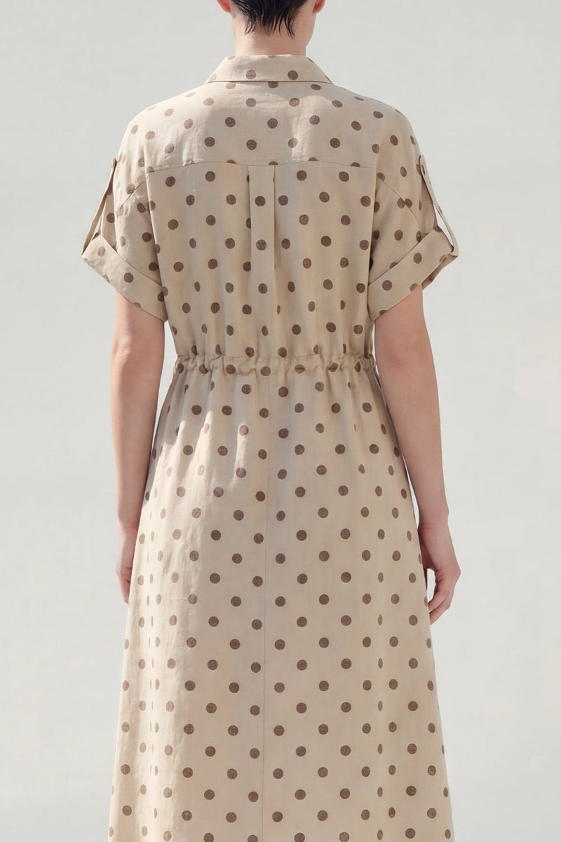 Load image into Gallery viewer, Khaki Polka Dots Single Breasted Short Sleeves Work Dress