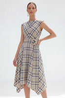 Load image into Gallery viewer, Grey Grid Bateau Neck Asymmetrical Cap Sleeves Work Dress with Belt
