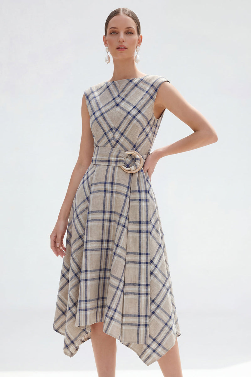 Load image into Gallery viewer, Grey Grid Bateau Neck Asymmetrical Cap Sleeves Work Dress with Belt