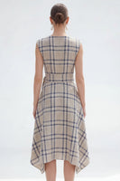 Load image into Gallery viewer, Grey Grid Bateau Neck Asymmetrical Cap Sleeves Work Dress with Belt