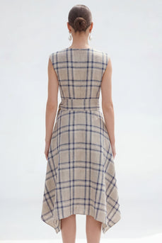 Grey Grid Bateau Neck Asymmetrical Cap Sleeves Work Dress with Belt