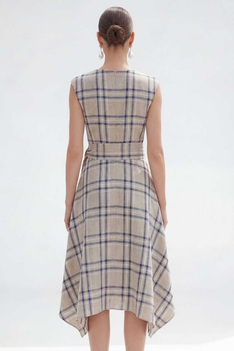 Load image into Gallery viewer, Grey Grid Bateau Neck Asymmetrical Cap Sleeves Work Dress with Belt