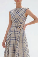 Load image into Gallery viewer, Grey Grid Bateau Neck Asymmetrical Cap Sleeves Work Dress with Belt