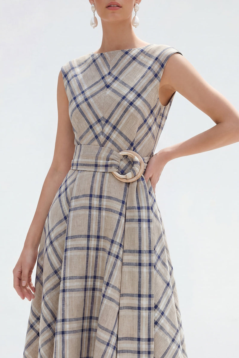 Load image into Gallery viewer, Grey Grid Bateau Neck Asymmetrical Cap Sleeves Work Dress with Belt