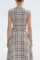 Load image into Gallery viewer, Grey Grid Bateau Neck Asymmetrical Cap Sleeves Work Dress with Belt