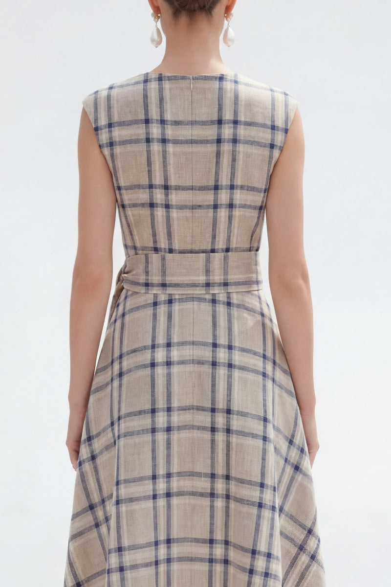 Load image into Gallery viewer, Grey Grid Bateau Neck Asymmetrical Cap Sleeves Work Dress with Belt
