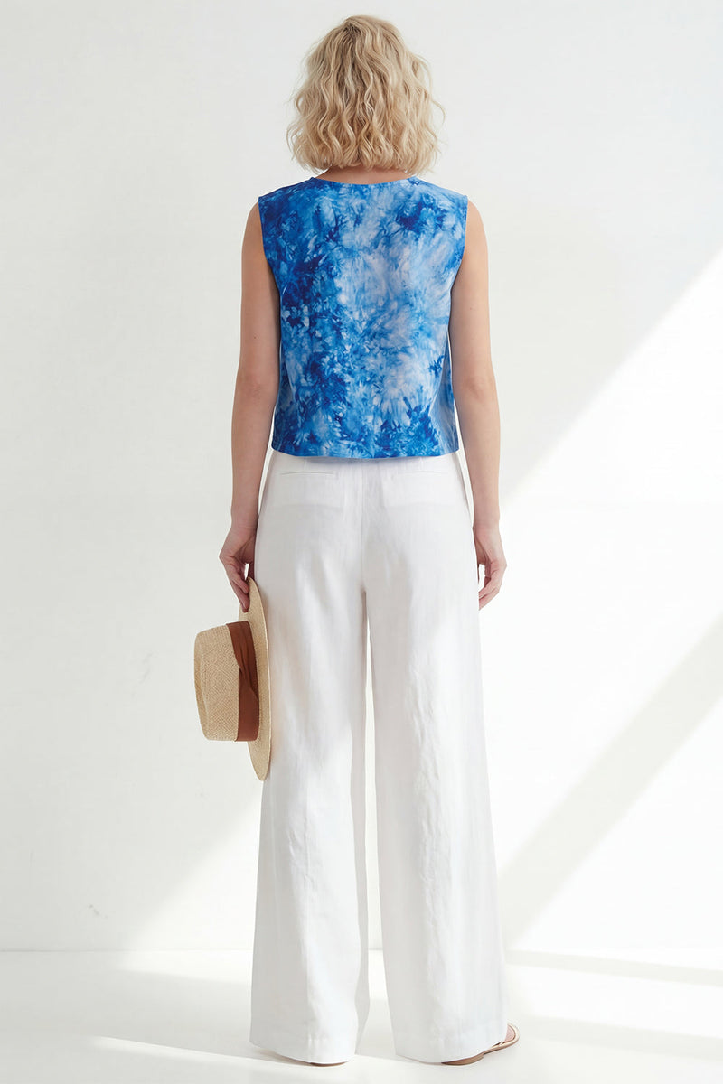 Load image into Gallery viewer, Printed Round Neck Blue 2 Piece Wide Leg Business Suits