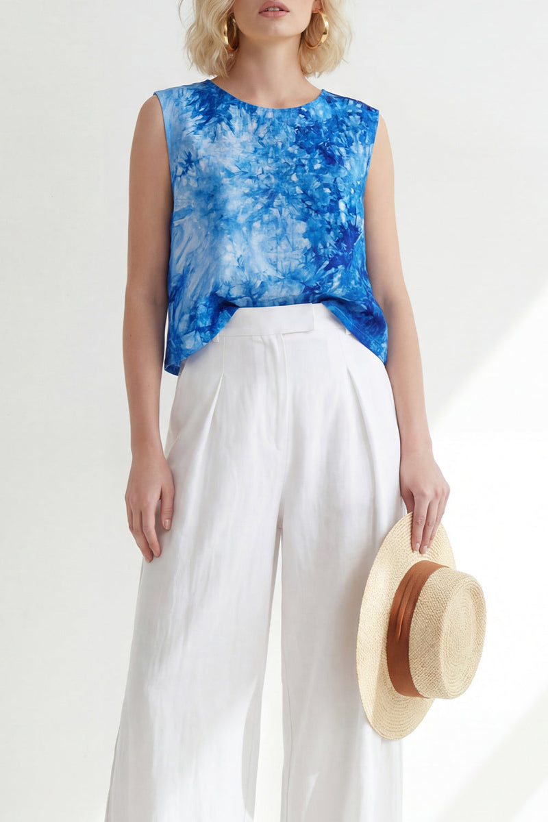 Load image into Gallery viewer, Printed Round Neck Blue 2 Piece Wide Leg Business Suits