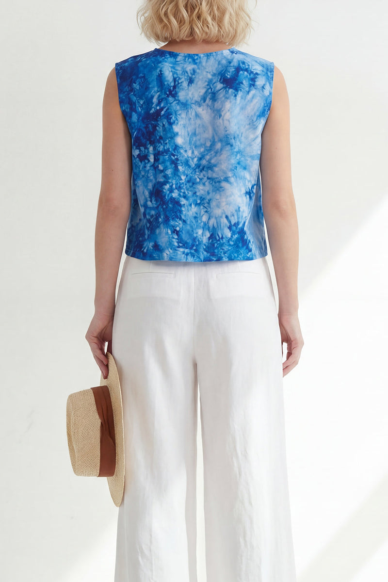 Load image into Gallery viewer, Printed Round Neck Blue 2 Piece Wide Leg Business Suits