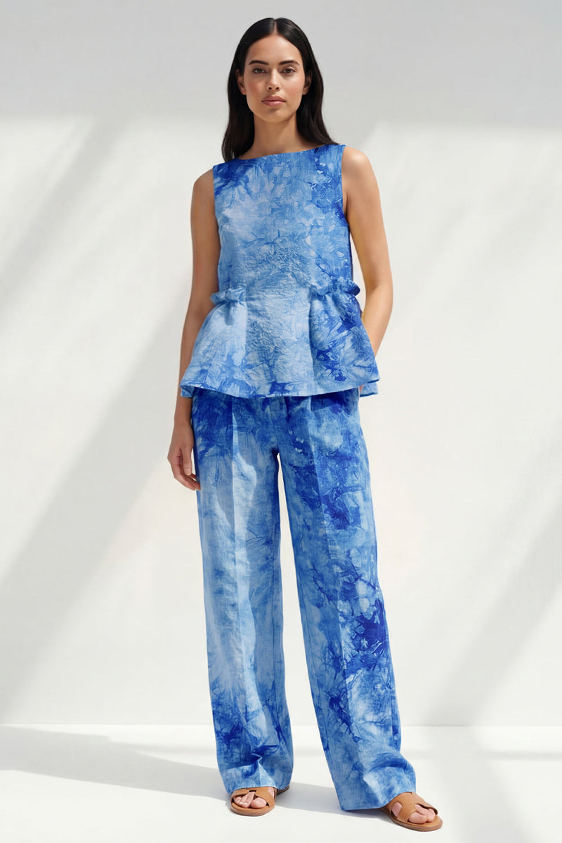 Load image into Gallery viewer, Bateau Neck Blue Printed 2 Piece Ruffled Business Suits with Pockets