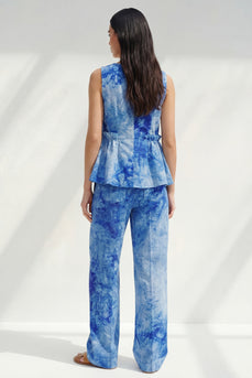 Bateau Neck Blue Printed 2 Piece Ruffled Business Suits with Pockets