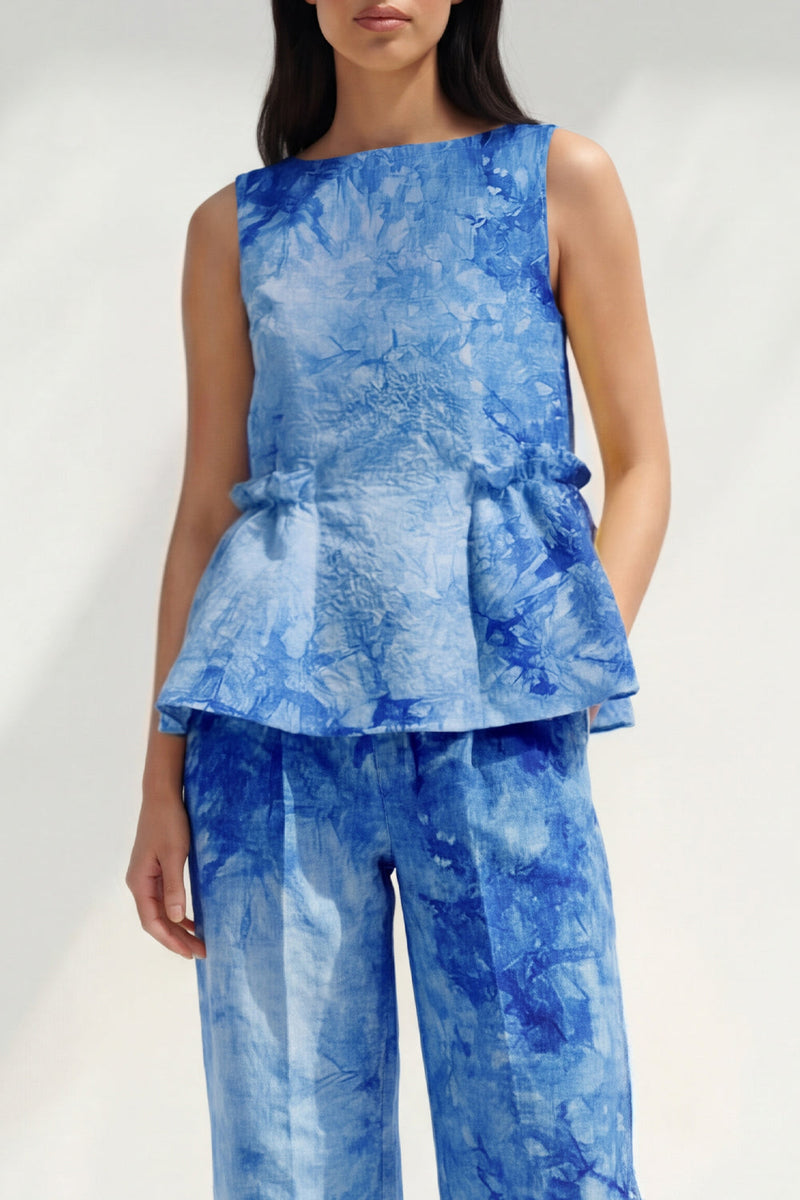 Load image into Gallery viewer, Bateau Neck Blue Printed 2 Piece Ruffled Business Suits with Pockets