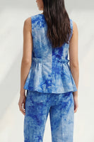 Load image into Gallery viewer, Bateau Neck Blue Printed 2 Piece Ruffled Business Suits with Pockets