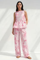 Load image into Gallery viewer, Bateau Neck Blue Printed 2 Piece Ruffled Business Suits with Pockets