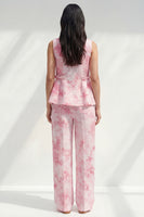 Load image into Gallery viewer, Bateau Neck Blue Printed 2 Piece Ruffled Business Suits with Pockets