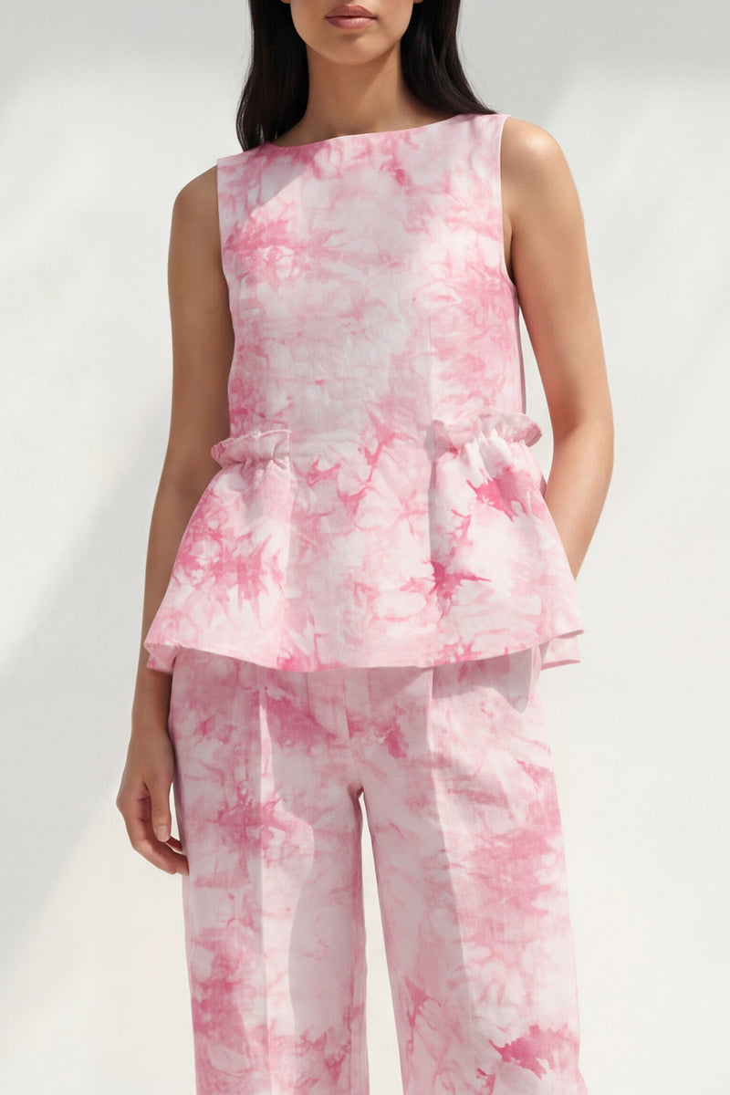 Load image into Gallery viewer, Bateau Neck Blue Printed 2 Piece Ruffled Business Suits with Pockets