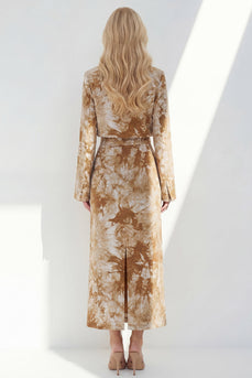 Notched Lapel Brown 2 Piece Long Sleeves Printed Business Suits with Back Slit