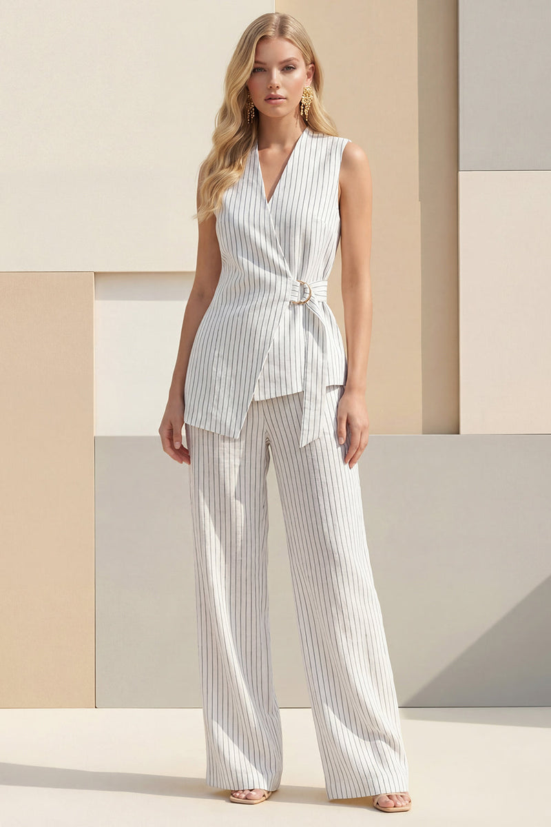Load image into Gallery viewer, 2 Piece White Shawl Lapel Striped Wide Leg Business Suits with Sash