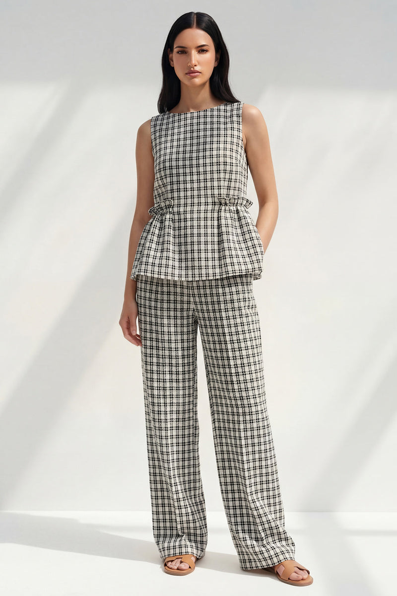 Load image into Gallery viewer, Black and White Grid Boat Neck Ruffled 2 Piece Striped Slim Fit Business Suits