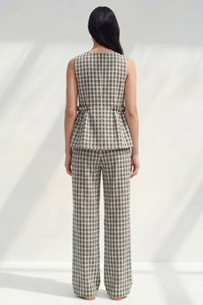 Black and White Grid Boat Neck Ruffled 2 Piece Striped Slim Fit Business Suits