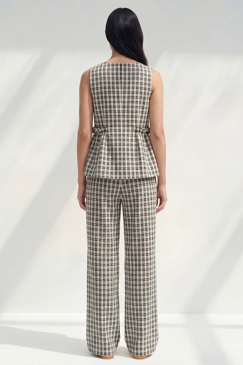 Load image into Gallery viewer, Black and White Grid Boat Neck Ruffled 2 Piece Striped Slim Fit Business Suits